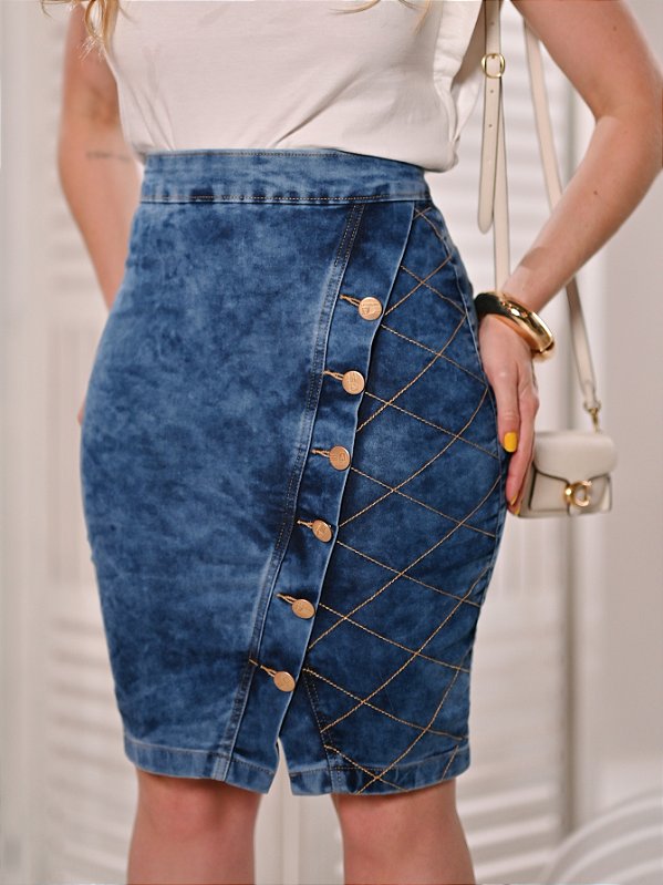 Saia Jeans Feminina Detalhes Costurados em Xadrez Anagrom Ref.252