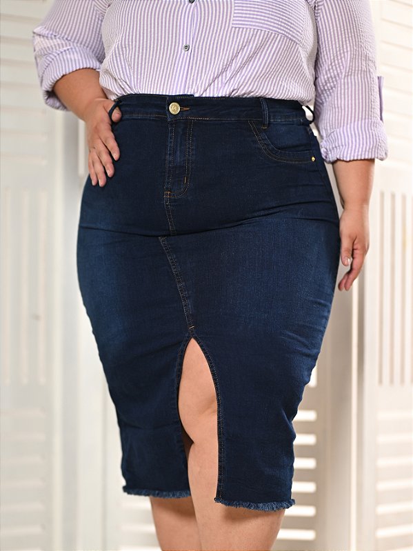 Saia Jeans Feminina Plus Size Abertura na Frente Ref.246