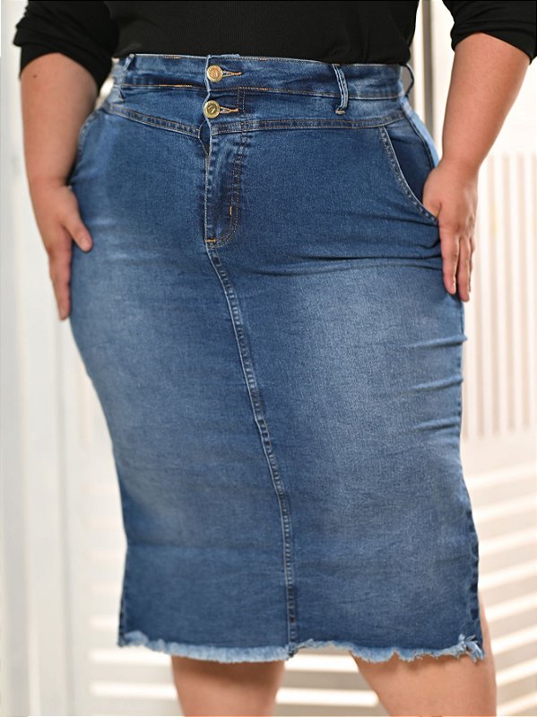 Saia Jeans Feminina Plus Size Abertura Lateral Ref.249