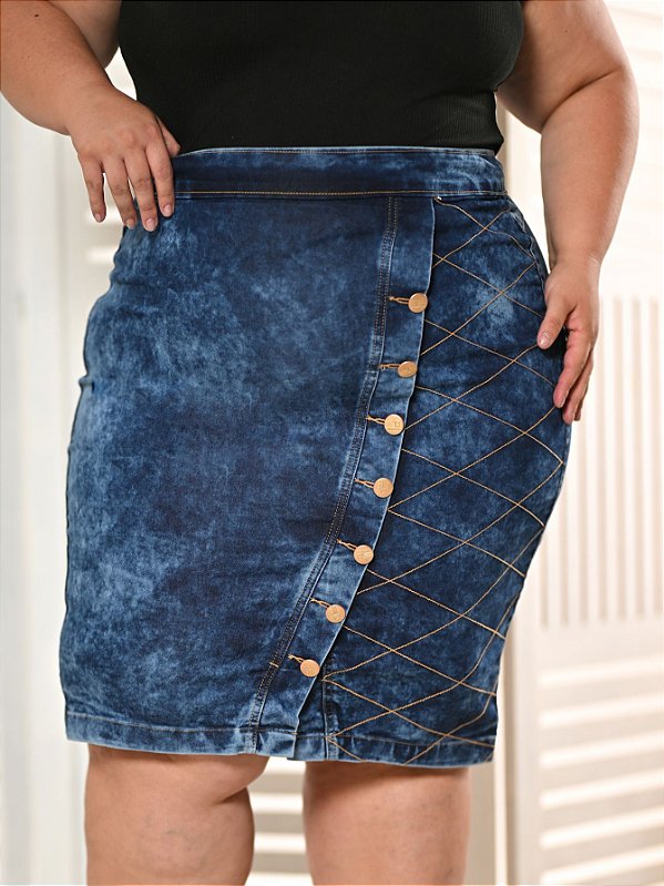 Saia Jeans Feminina Plus Size Detalhe Xadrez Mesclada Ref.252