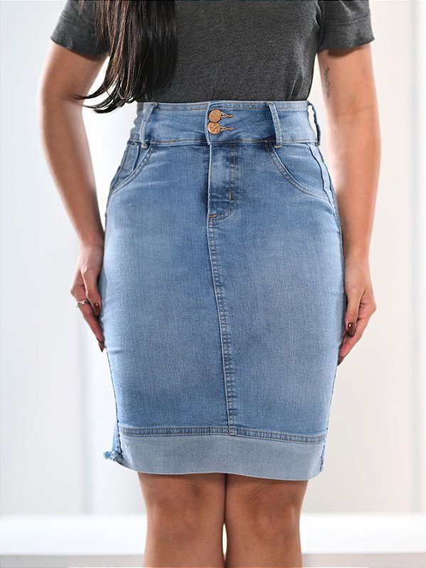 Saia Jeans Feminina Azul Claro Barra Virada Ref.S021