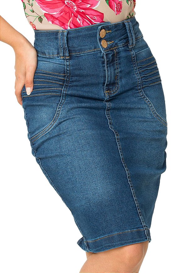 Saia Jeans Azul Detalhe Pregas Frontal e Bolsos Evangélica Anagrom Ref.092