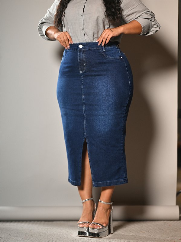 Saia Longa Plus Size Jeans Tradicional Azul Anagrom Ref.231P
