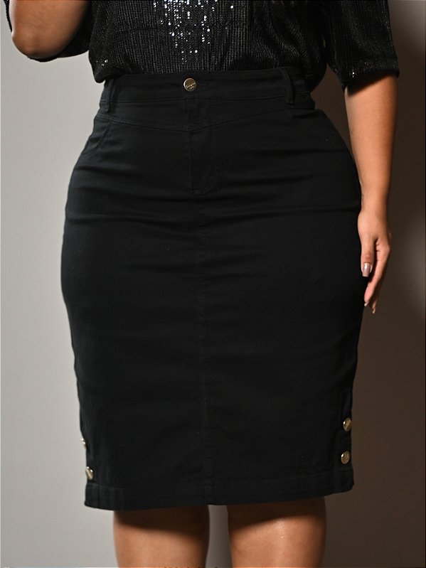 Saia Secretária Brim Preto Plus Size Anagrom Ref.255P