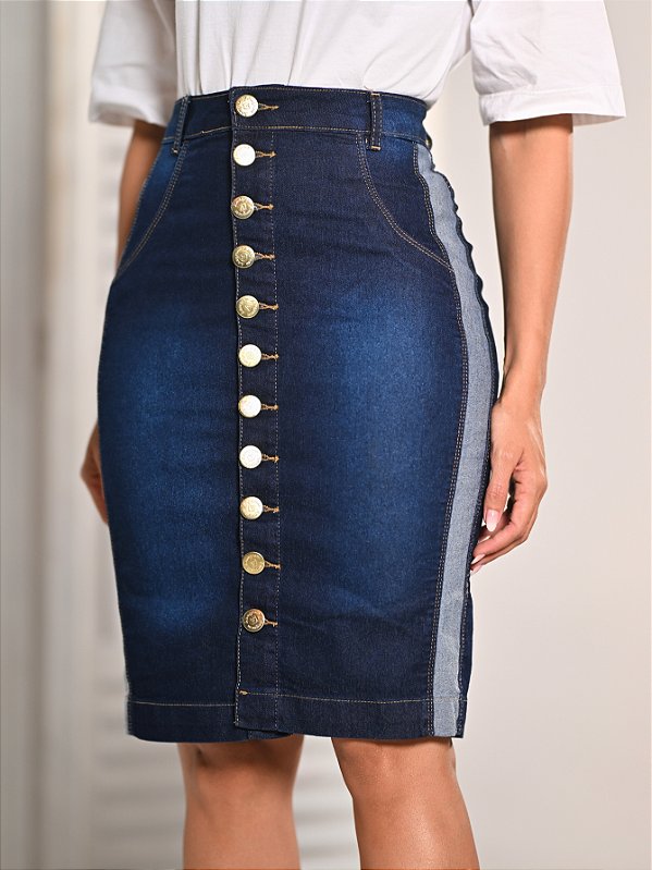Saia Jeans Botões Detalhe Lateral Evangélica Anagrom Ref.257