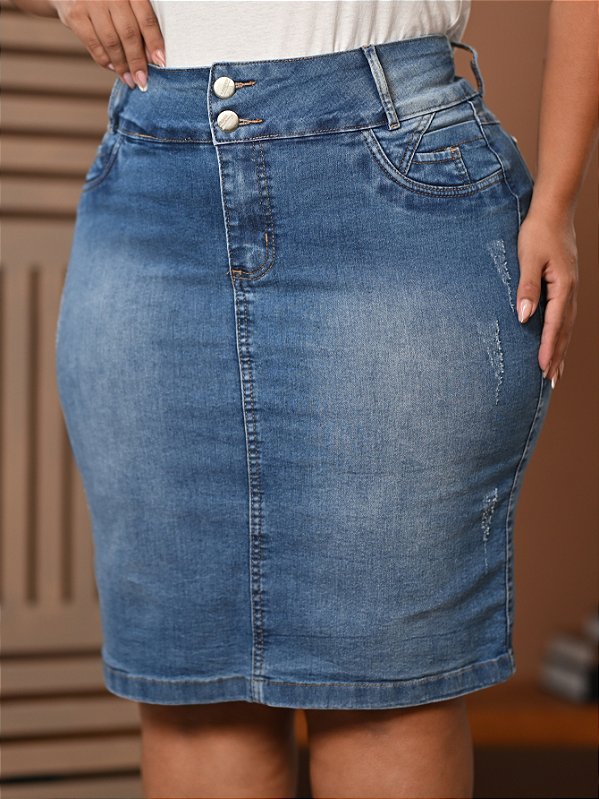 Saia Jeans Tradicional Azul Céu Plus Size Anagrom Moda Evangélica Ref.147P
