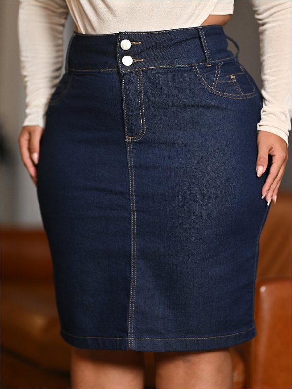 Saia Jeans Tradicional Plus Size Azul Escuro Anagrom Moda Feminina Evangélica Ref.226P