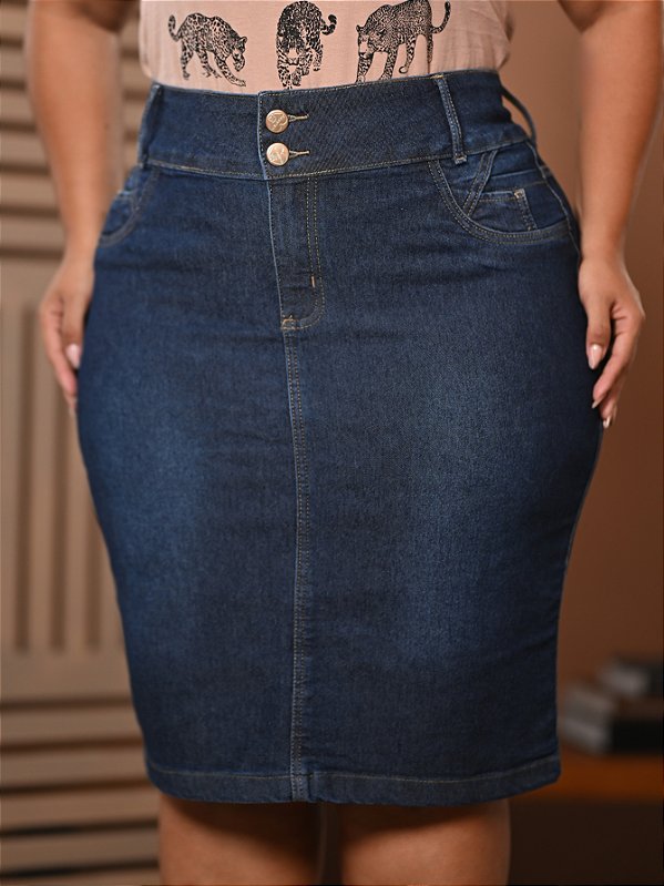 Saia Jeans Tradicional Plus Size Azul Anagrom Moda Feminina Evangélica Ref.241P