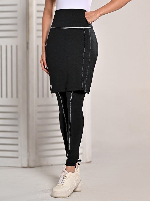 Saia com Calça Fitness Moda Evangélica Para Exercícios Cor Preto com Detalhes Branco Ref.7016