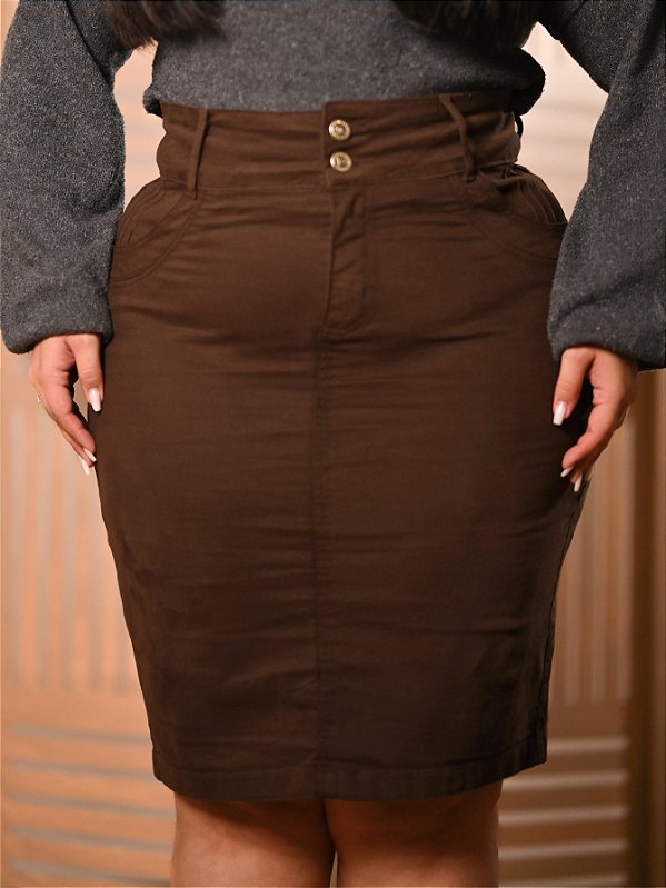 Saia Secretária Brim Marrom Plus Size Anagrom Ref.260P