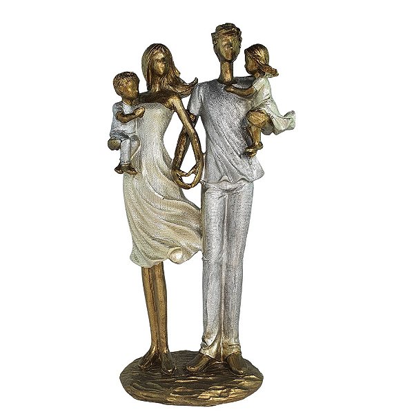 Escultura Família Decorativa Mãe, Filha e Pai com Filho no Colo - Dourado e Prata