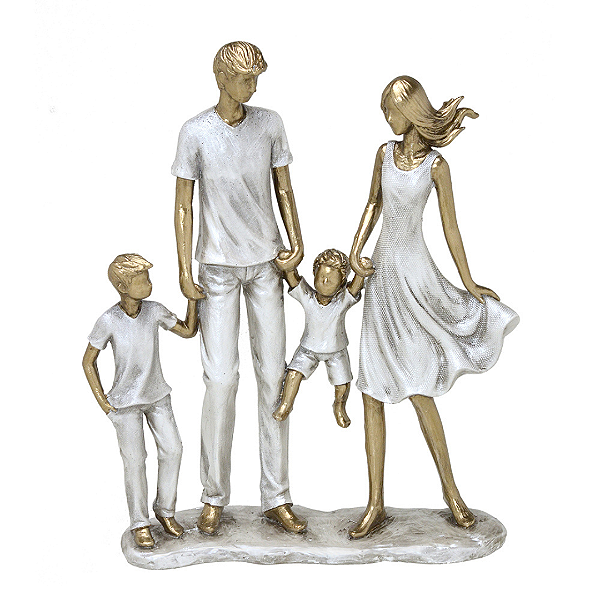 Escultura Família Decorativa Pais com 2 Filhos - Bronze, Branco e Cinza