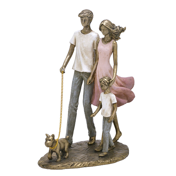 Escultura Decorativa Casal com Filho e com Pet