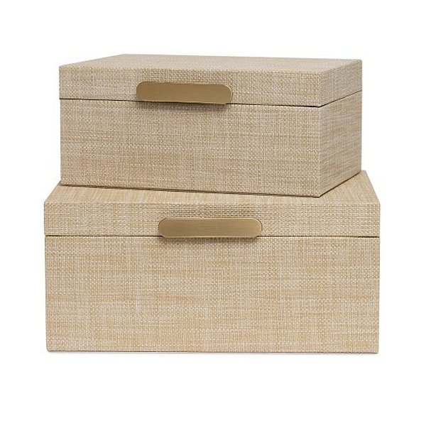 Kit Caixas Decorativas em MDF Bege Claro com Puxador Dourado – 2 Peças
