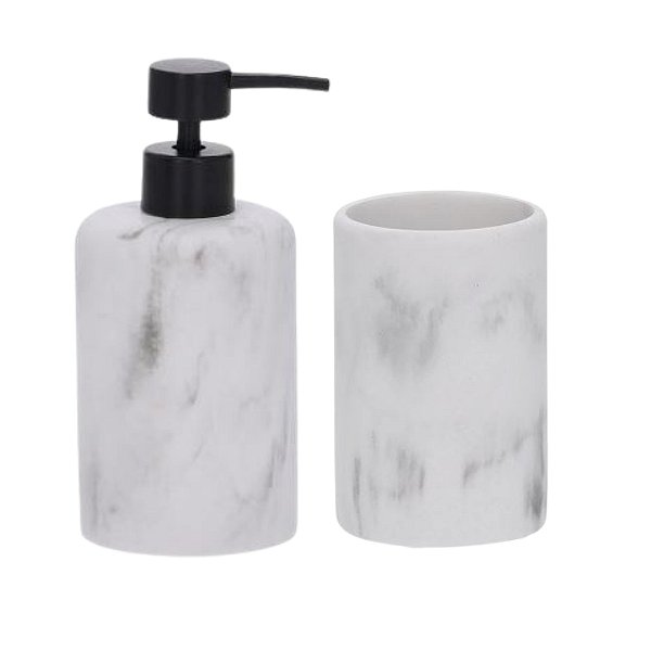 Kit Lavabo Mármore Branco com Dispenser Preto 2 Peças