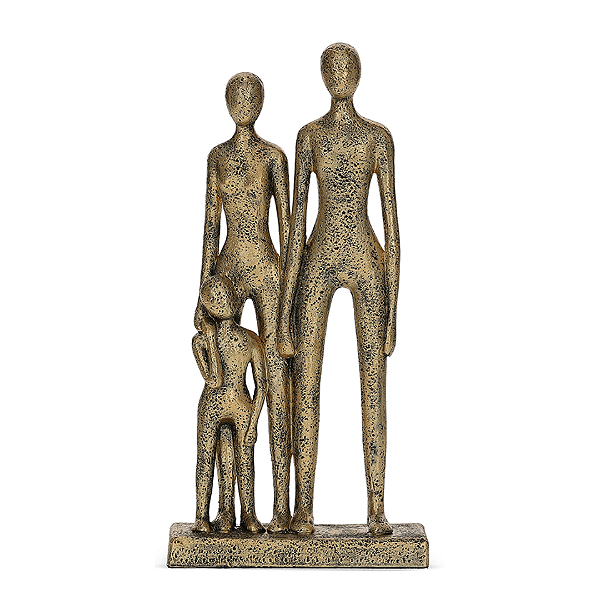 Escultura Família Abstrata Dourada – Casal com um Menino