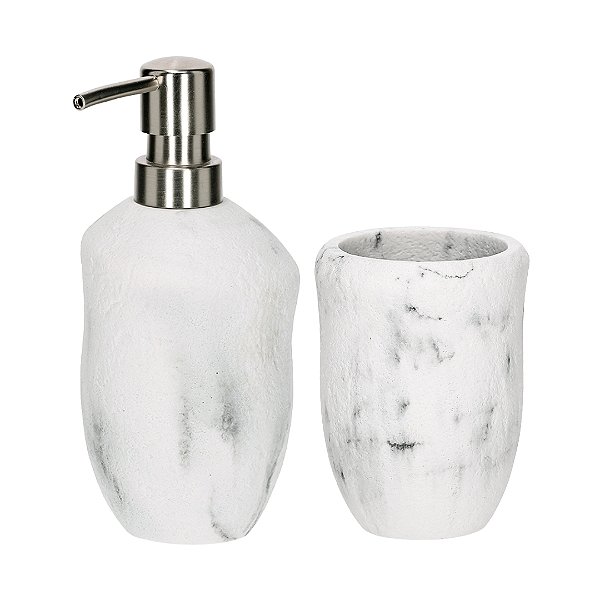 Kit Lavabo Branco Marmorizado em Polirresina – 2 Peças