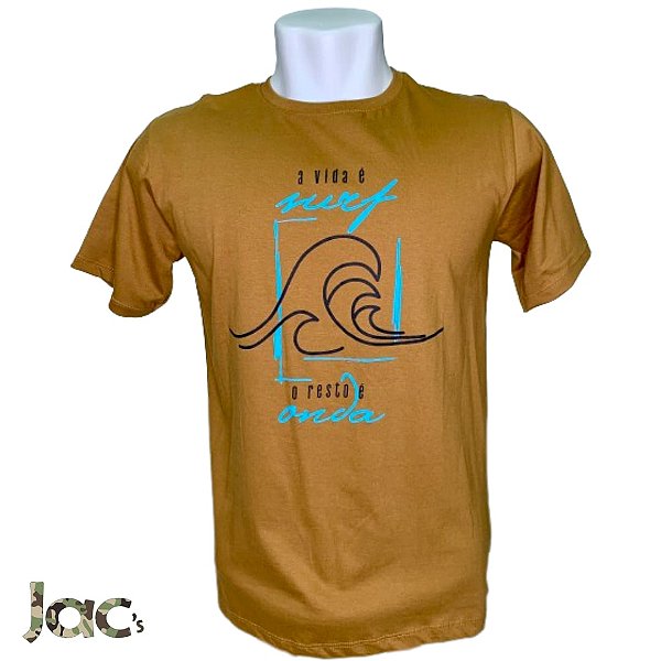 Camiseta " A Vida É Surf, O Resto É Onda" Marrom 100% Algodão