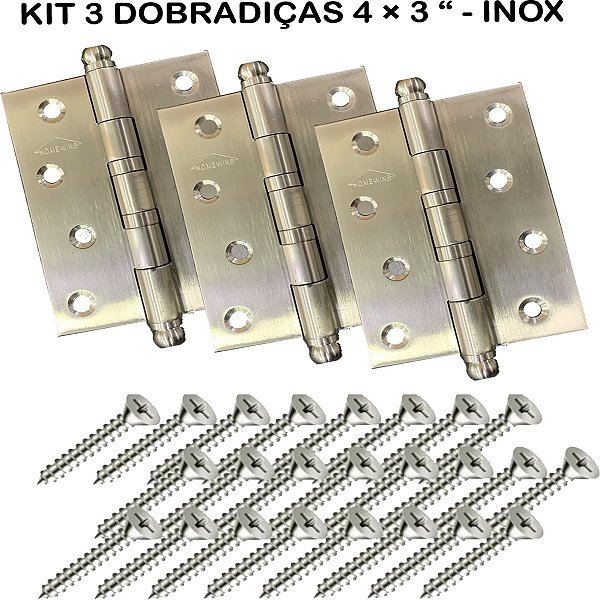 Kit 3 Dobradiças Inox Escovada Com Anel 4x3 Reforçada Para Porta