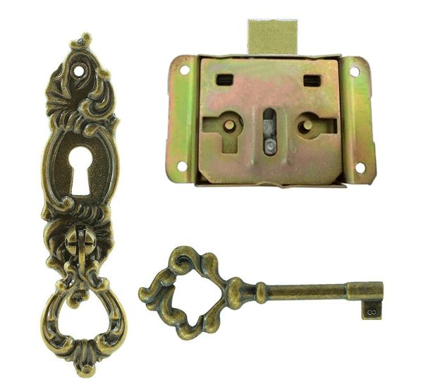 Kit Fechadura Antiga Sobrepor + Chave E Puxador Guarda Roupa Armários