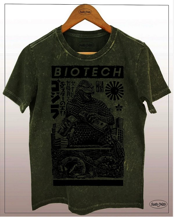 Camiseta GODZILLA BIOTECK -  Musgo - Algodão - Estonada - Camiseta Santo Cristo