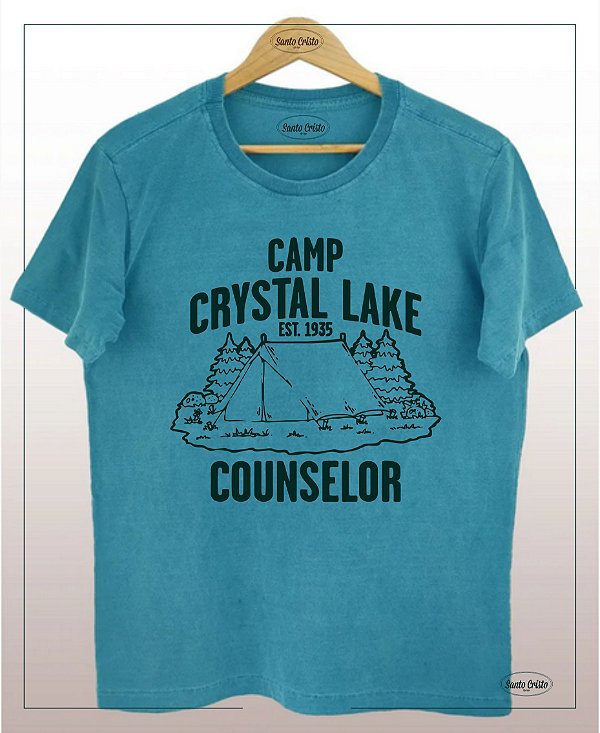 Camiseta  Crystal Lake Camp – Turquesa - Algodão - Estonada - Camiseta Santo Cristo