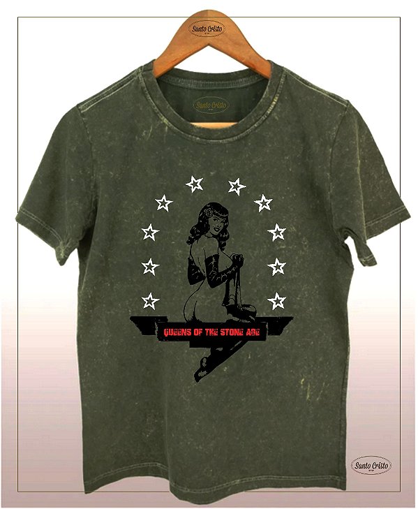 Camiseta  Queens Of The Stone Age -Woman -  Verde Musgo Escuro – Algodão - Marmorizada - Camiseta Santo Cristo