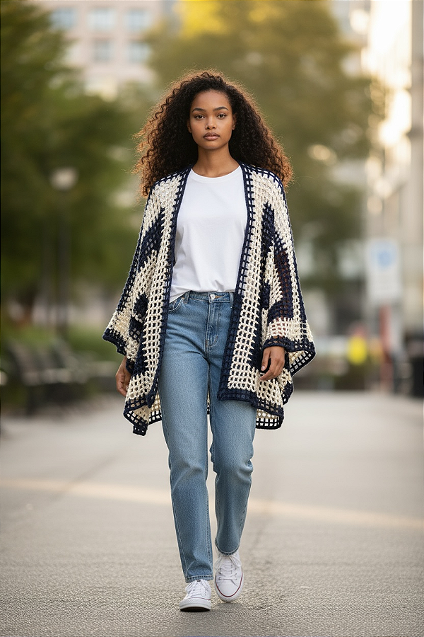 Kimono crochê off e marinho