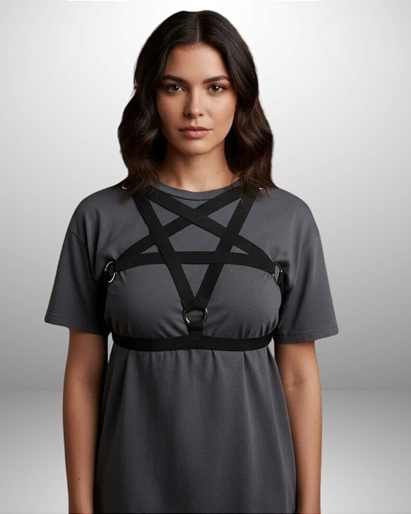 Harness arreio estrela argolas pentagrama wicca busto elastico regulavel plus size