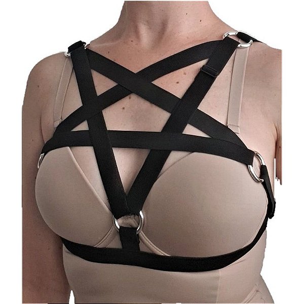 Harness arreio estrela argolas pentagrama wicca busto elastico regulavel plus size