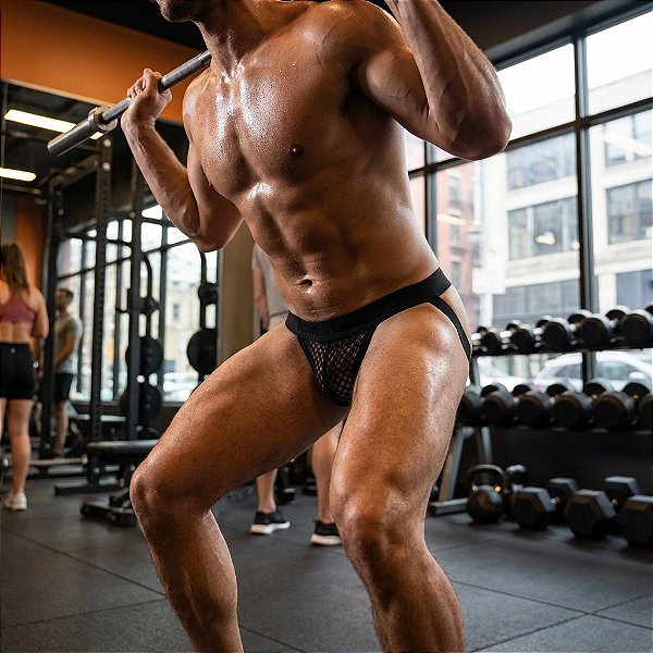 Cueca jockstrap sexy suporte atletico com faixa aberta tecido arrastao furadinho sem forro