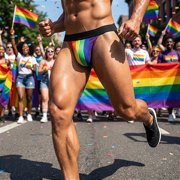 Cueca jockstrap suporte atletico com faixa aberta estampa orgulho pride