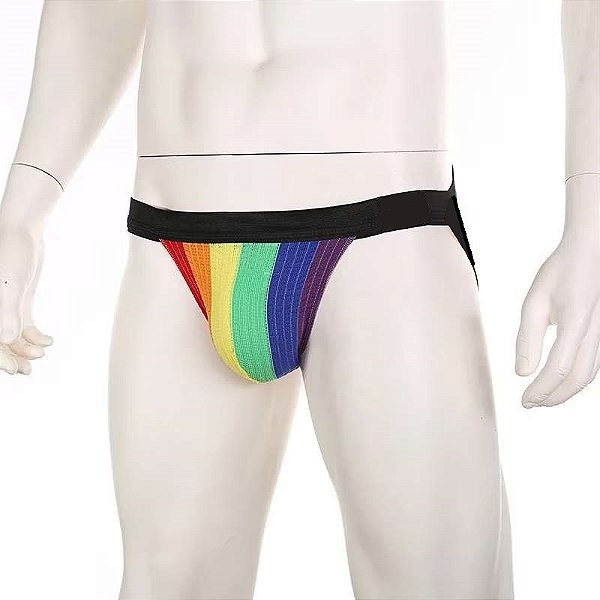 Cueca jockstrap suporte atletico com faixa aberta estampa orgulho pride