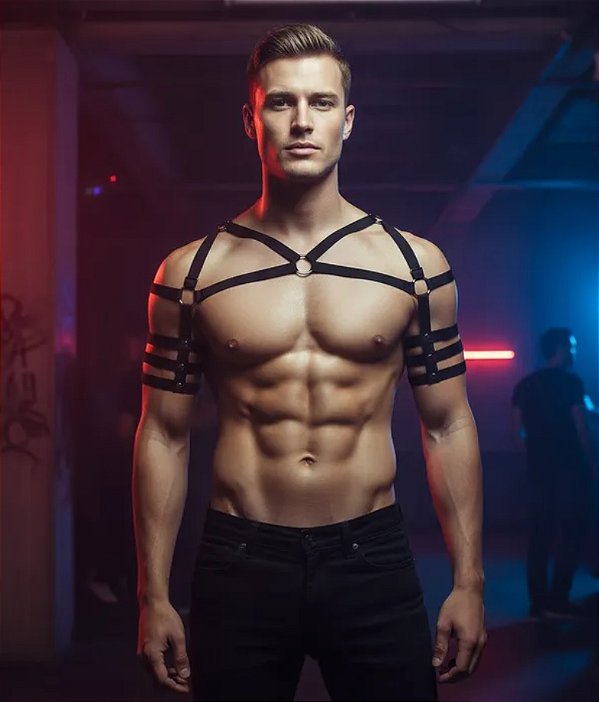 Arreio Harness masculino em elastico peitoral mangas ombro plus size