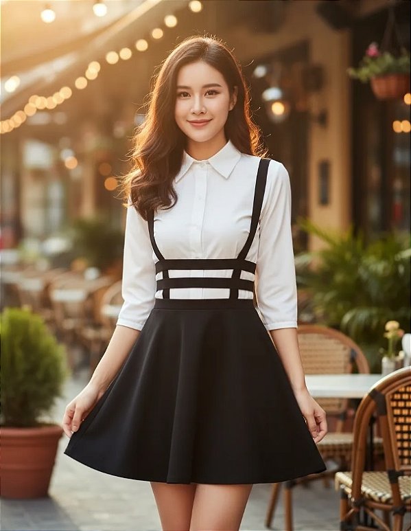 Saia Preta com Suspensório Feminina Estilo Colegial kpop coreana