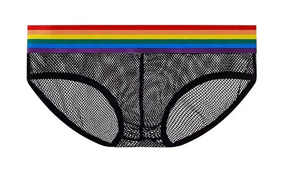 Cueca Masculina Preta em Malha Arrastão com Cós Elástico Arco-Íris