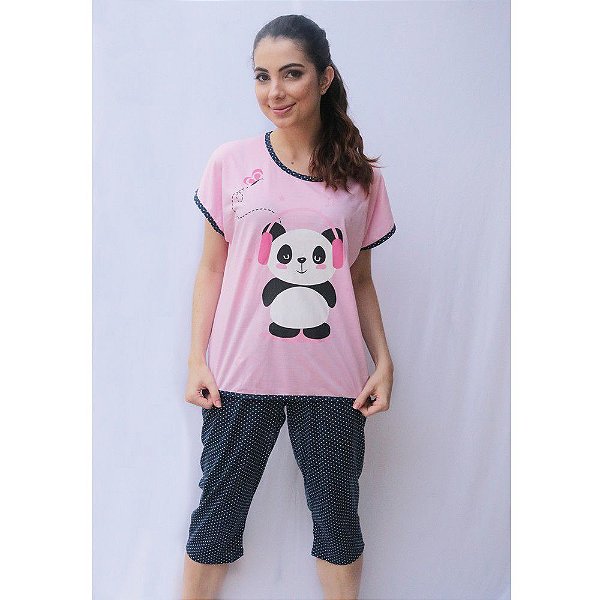 Pijama Blusa Calça Pescador Adulto Feminino Curto Estampa Panda Cor Rosa