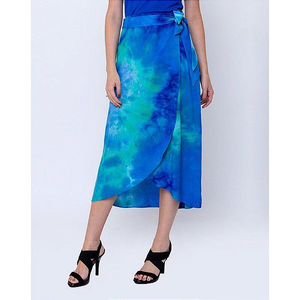 Saia Envelope Assimétrica com Amarração Lateral Social Feminina Evangélica Tie Dye Azul Moda Executiva