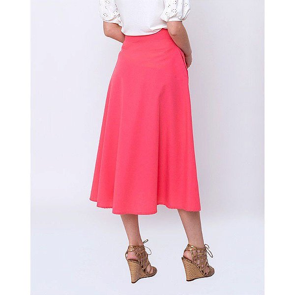 Saia Evase Lisa Rodada Midi Rosa com Botões Acompanha Cinto  Moda Executiva Social