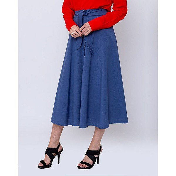 Saia Evase Rodada Midi com Botões Feminina Evangélica Azul