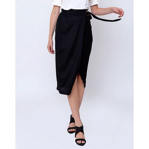 Saia Lápis com Amarração na Cintura e Fenda Frontal Preta Lisa Moda Evangélica Executiva Social