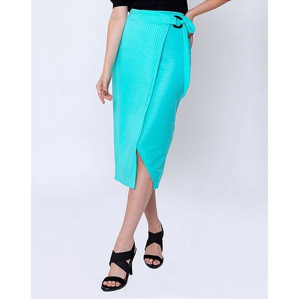 Saia Lápis com Amarração na Cintura e Fenda Frontal Verde Moda Executiva Social Evangélica Feminina