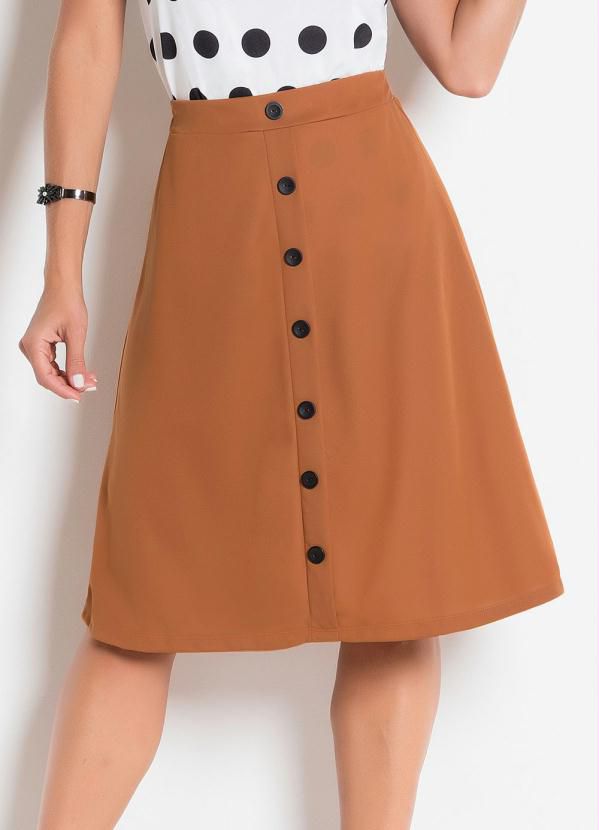 Saia Evasê Caramelo com Botões Decorativos e Elástico na Cintura
