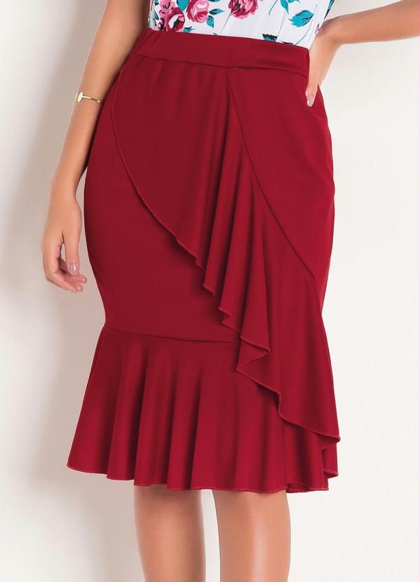 Saia Vermelha com Babado na Transversal e Cós com Elástico