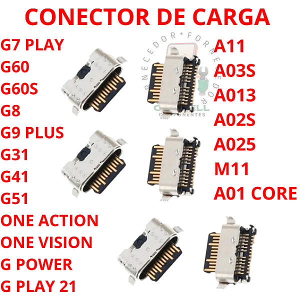 KIT C/ 10 PEÇAS CONECTOR DE CARGA TIPO C MOTO G7 PLAY A02S A03S A11 G8  G9 PLUS G51 G41 G31 ONE VISION G60S ONE ACTION / ONE VISION /