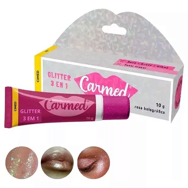Carmed Glitter 3 Em 1 Rosa Holográfico 10g Boca Rosto Olhos
