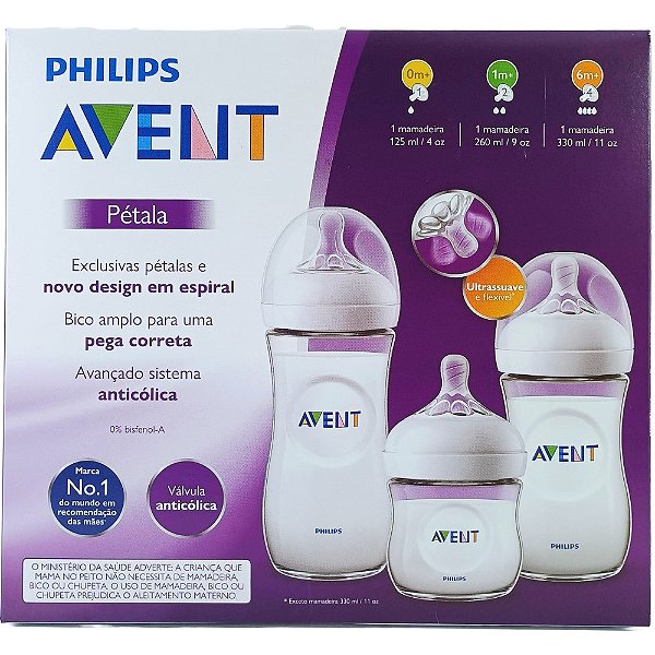 Kit Com 3 Mamadeiras Pétala 125ml 260ml 330ml Philips Avent