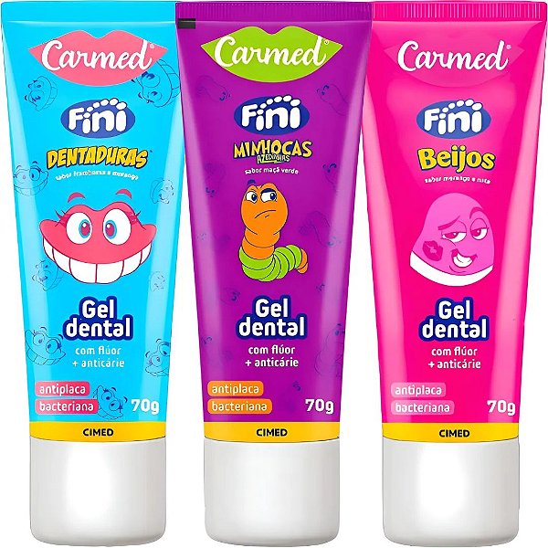 Kit 3 Gel Dental Carmed Fini - Beijos Minhocas Dentaduras