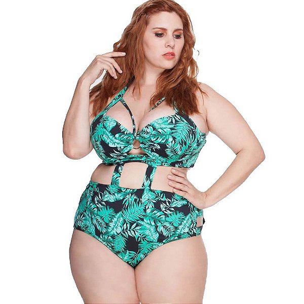 Maiô Plus Size Faixas Folhagem