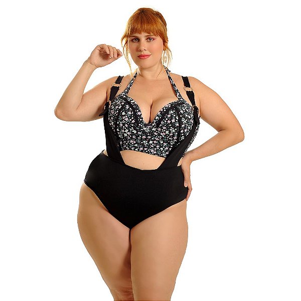 Maiô suspensório plus size com argolas preto